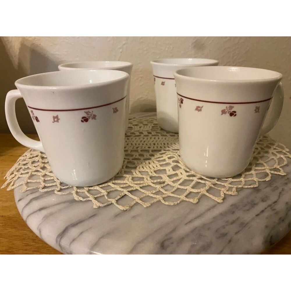 vintage corning corelle burgundy rose coffee mugs & blank coordinate